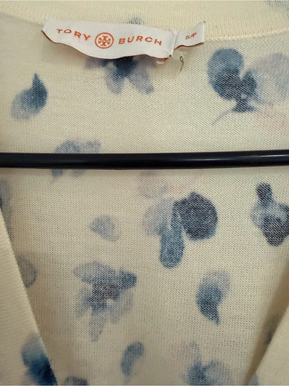 Tory Burch Blue White Floral Leopard Cardigan Sweater Quiet Luxury Preppy Sz S